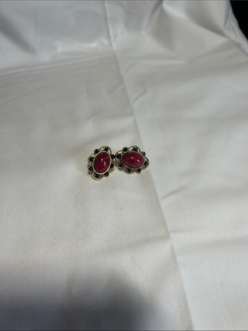 1928 Gold-Tone Earrings with Red Cabochon and Black Accents